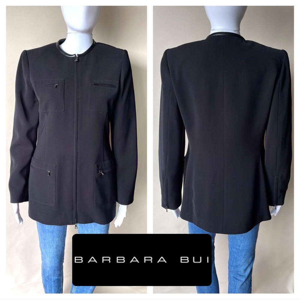 Barbara Bui Paris Cotton Leather Trim Collarless Blazer Evening Jacket 40 US 8